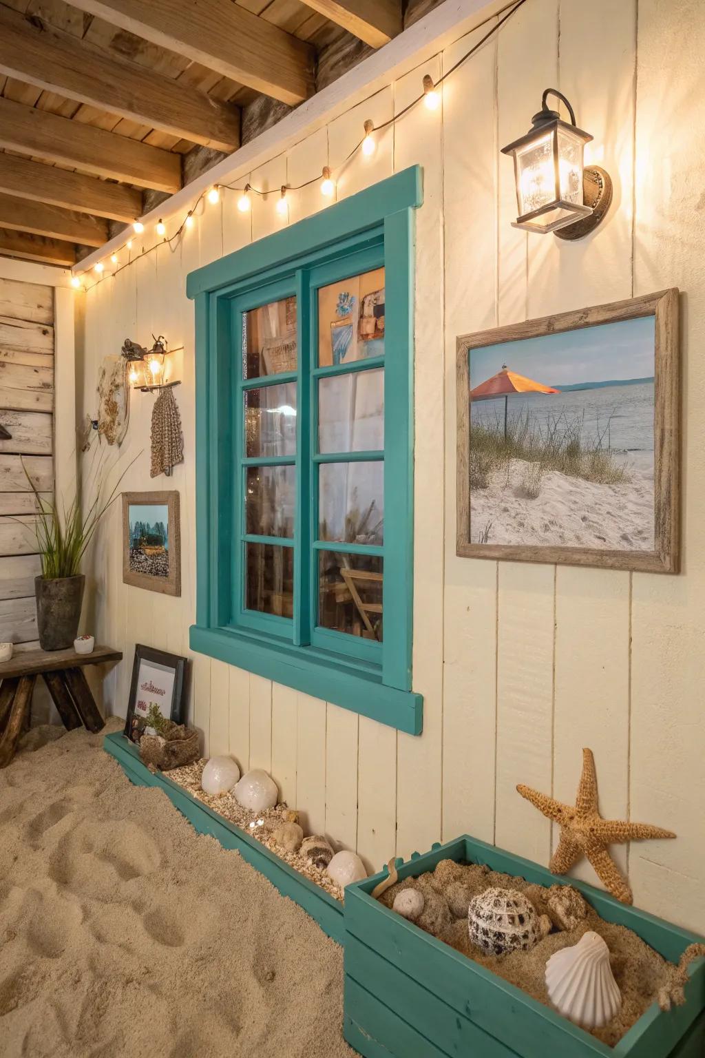 Aquamarine trim introduces a seaside atmosphere to any space.