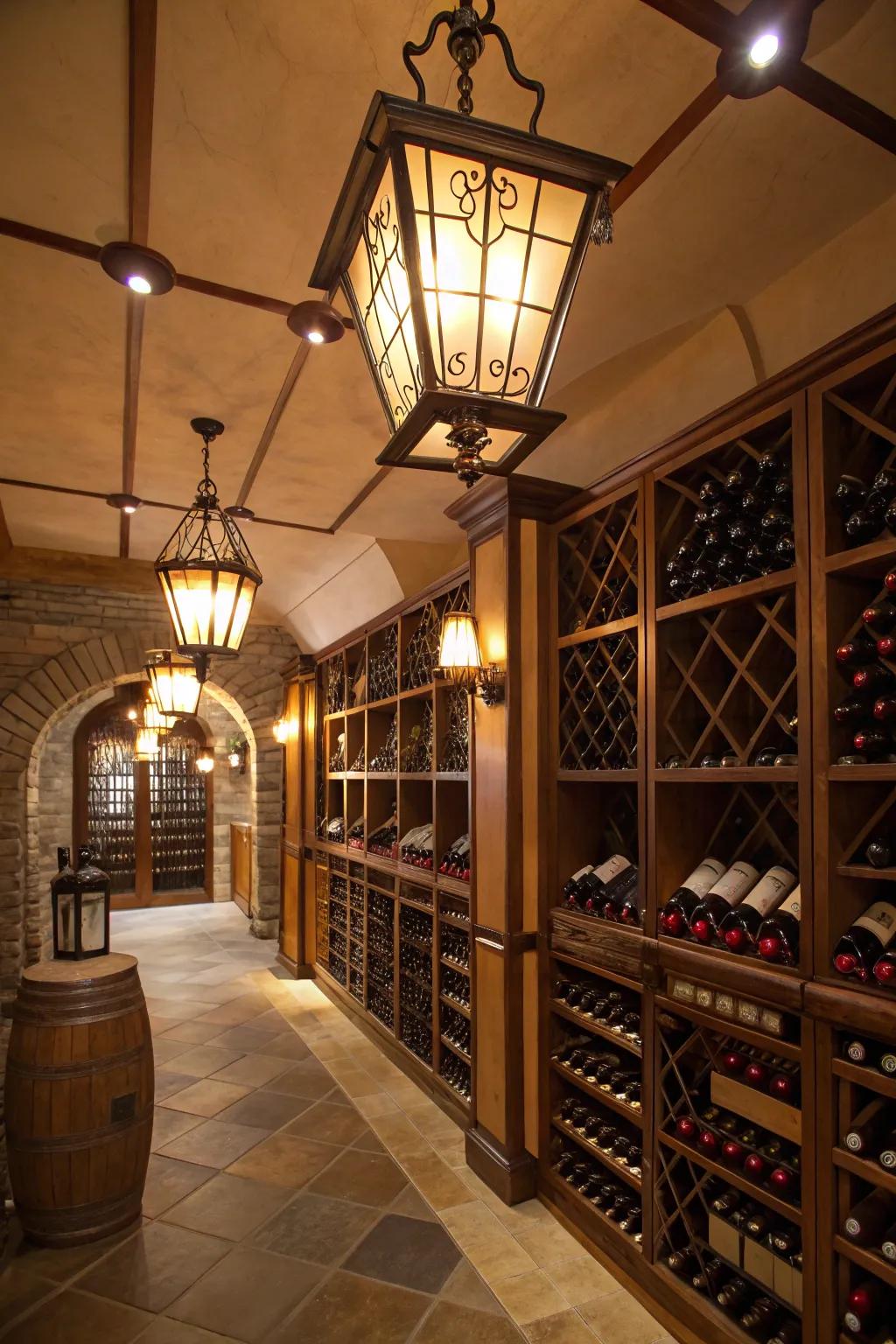 Charming glow created by vintage lanterns in the wine room.