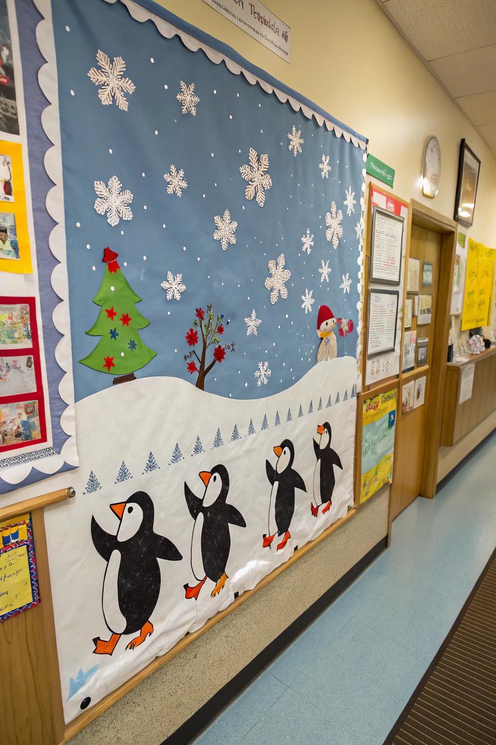 A flightless bird dance celebration brings joy to the winter bulletin board.