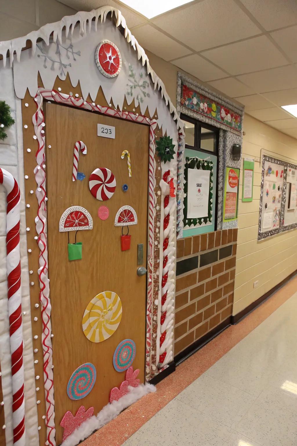 A gingerbread house brings sweet charm to this winter door