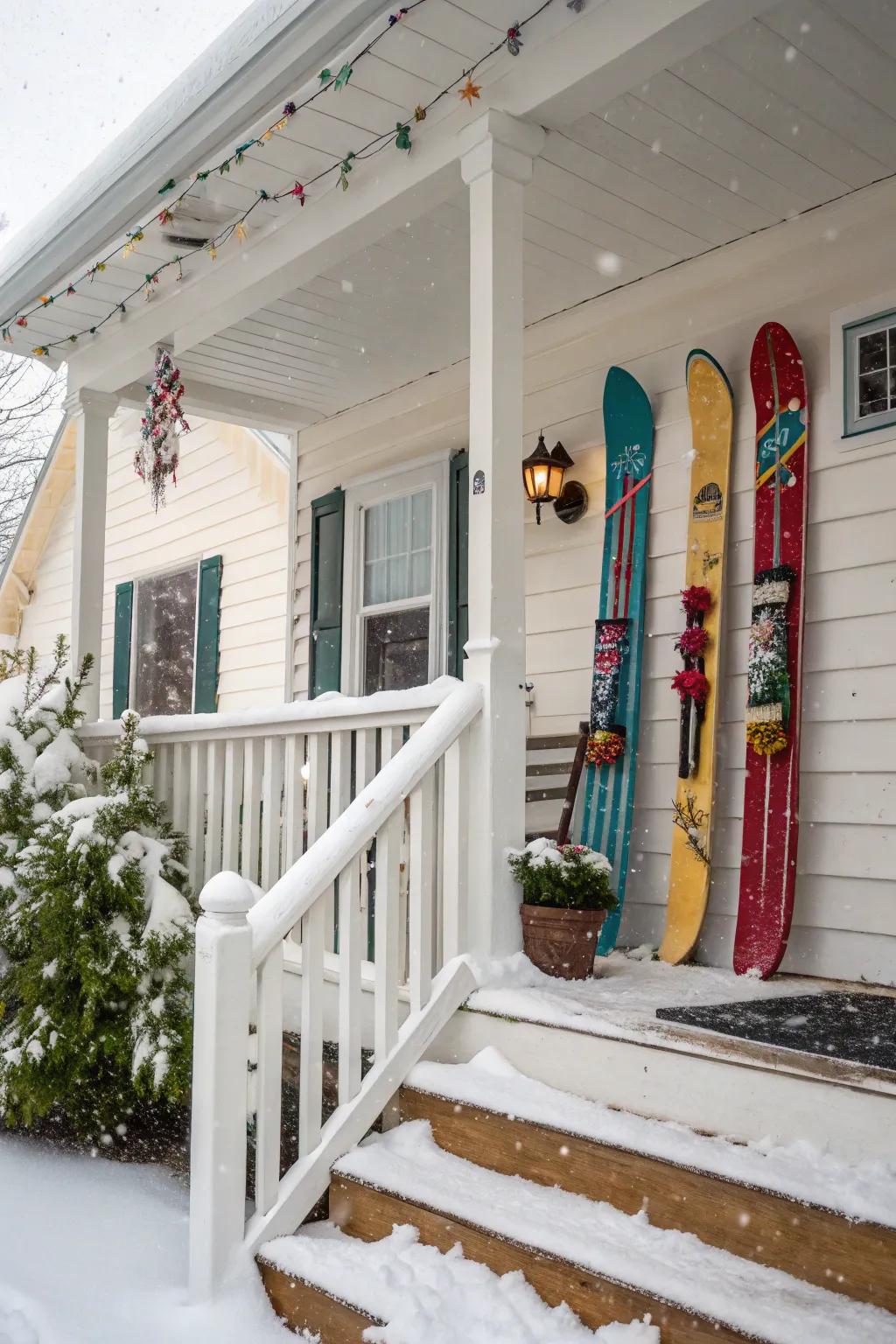 Upcycled runners add a playful touch to this winter porch.