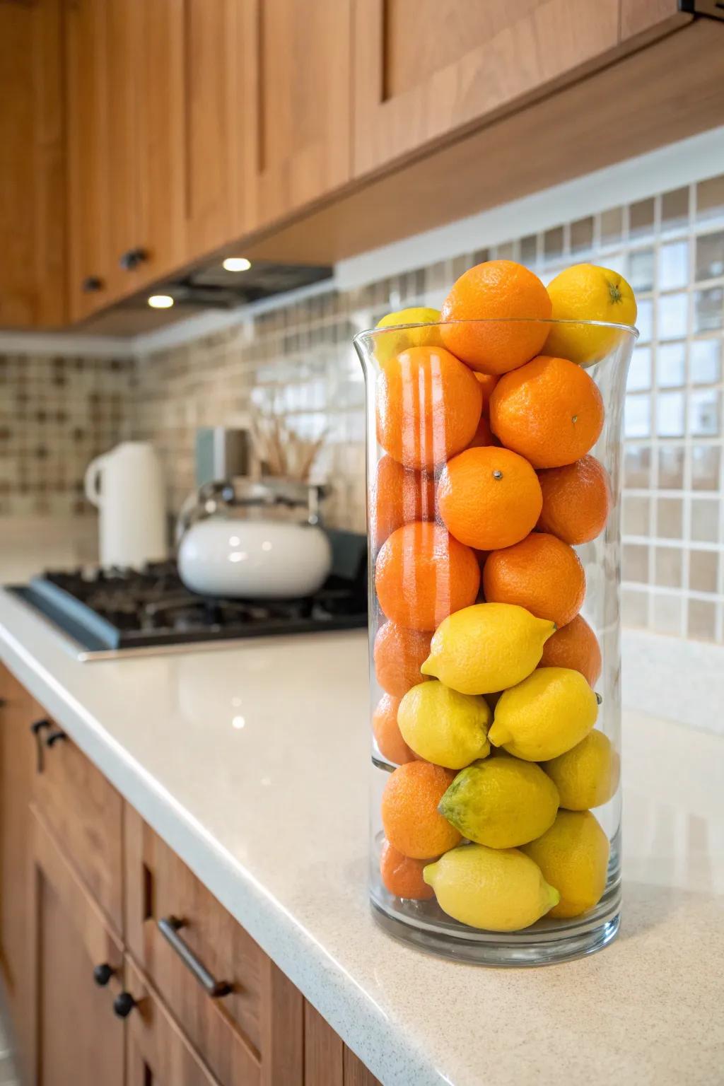 Radiant citrus fruits incorporate a revitalizing splash of color to winter decor.