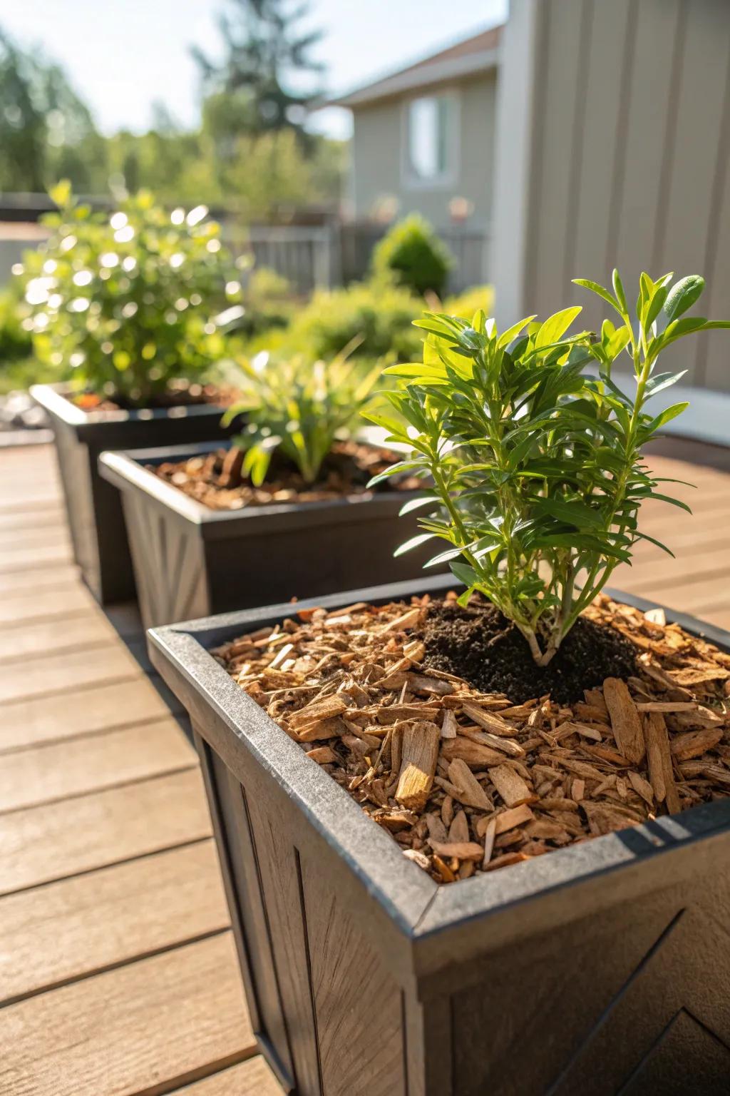 Timber fragments assist in retaining hydration in container gardens.