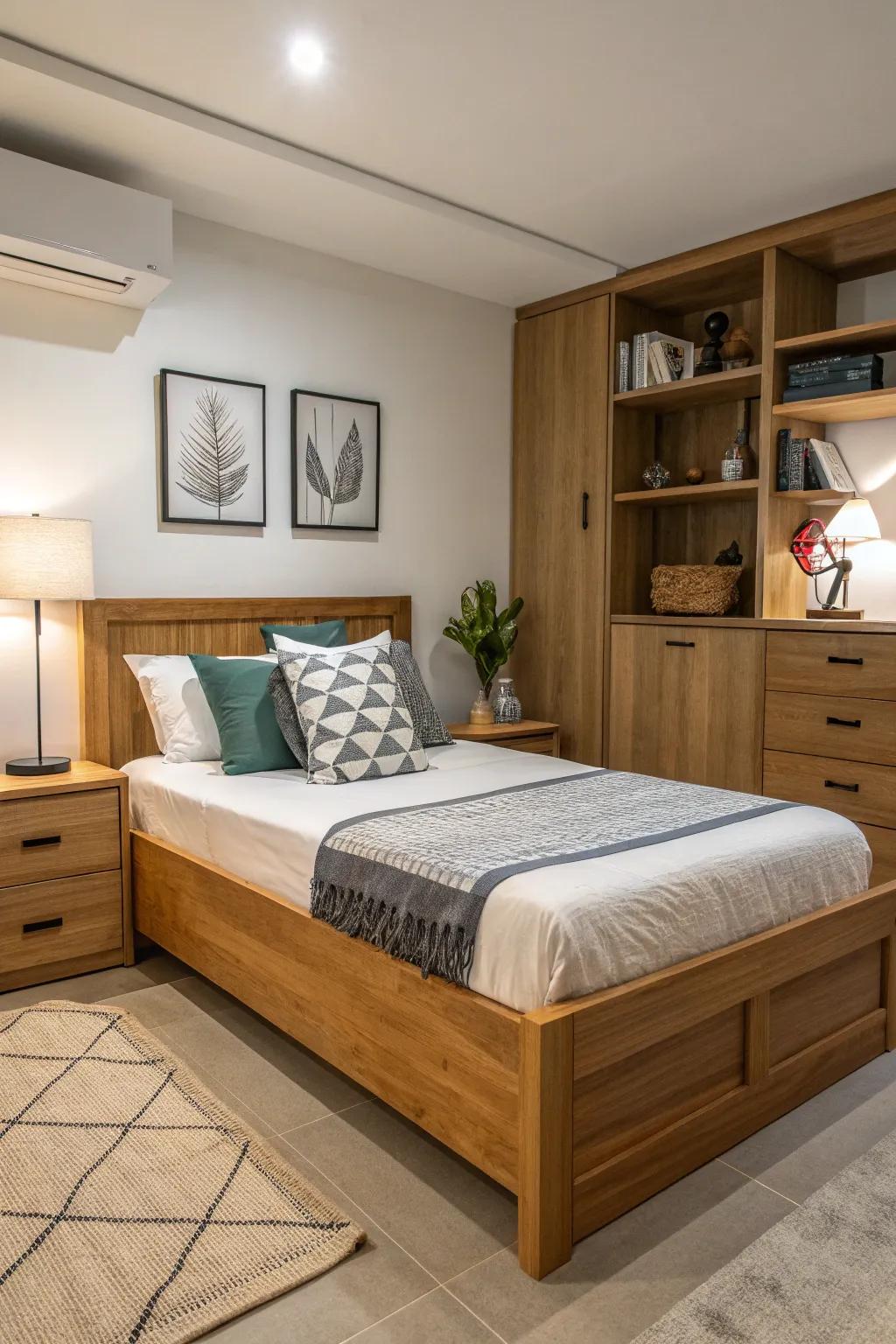 A low-profile wood bed design ideal for small spaces.
