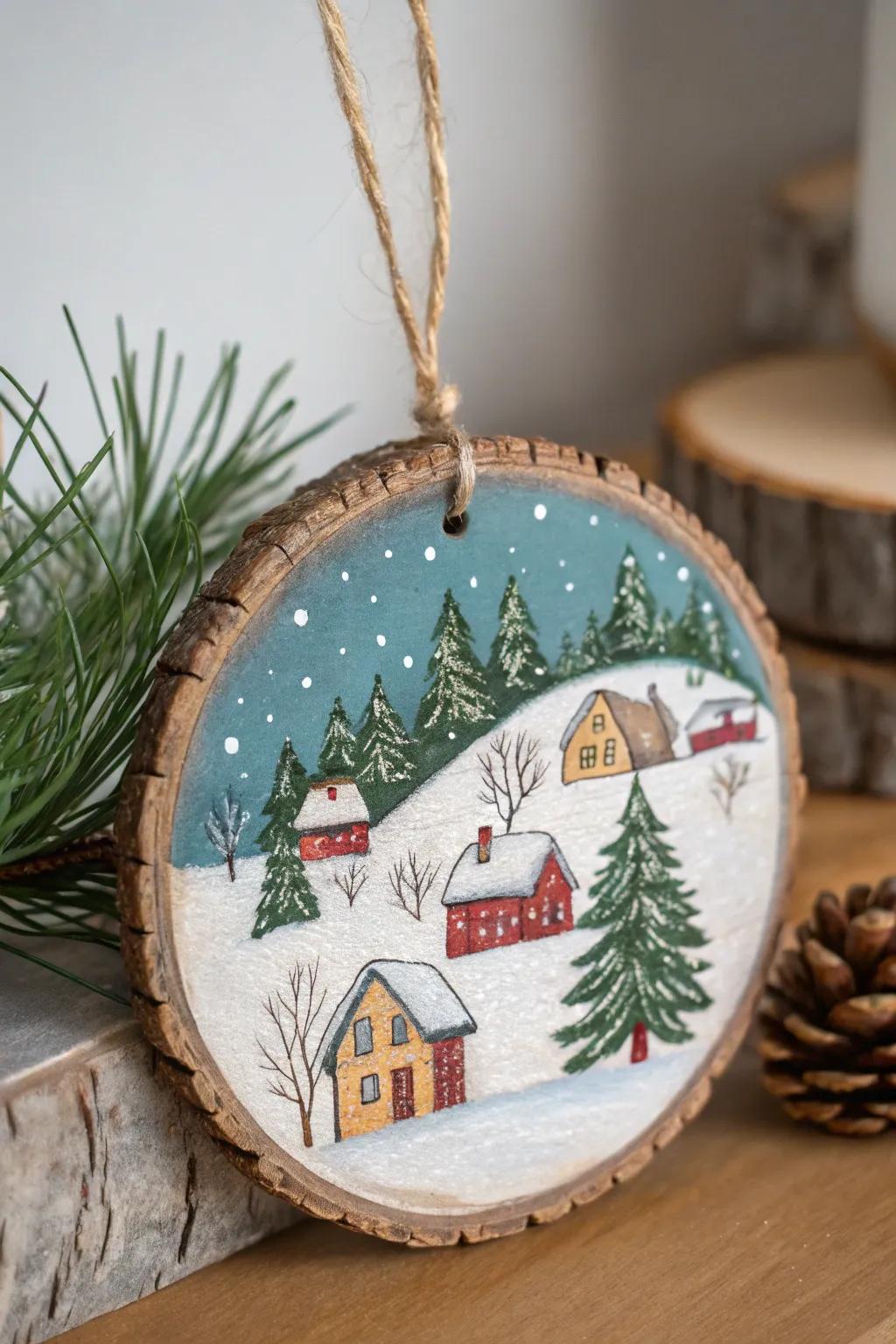 A snow-topped settlement scene painted on a wooden ornament.