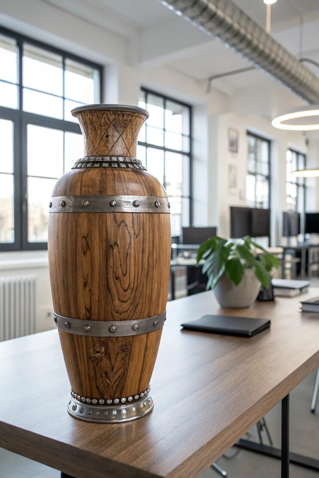 Realize a modern rustic aesthetic using metal-accented wooden vases.