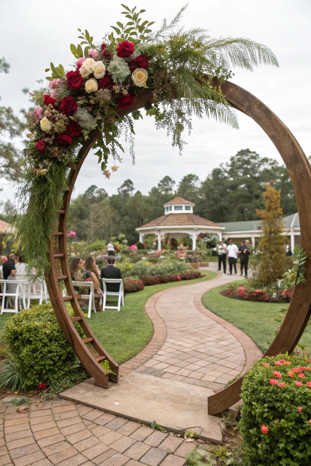 A circular timber arbor offers a modern twist to traditional wedding arches.