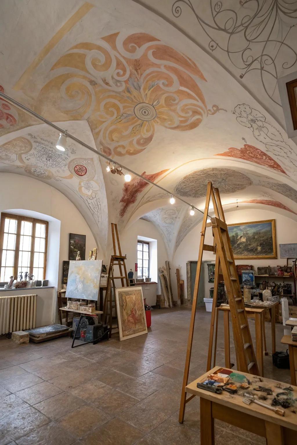 An artistic ceiling elevates the studio's ambiance.