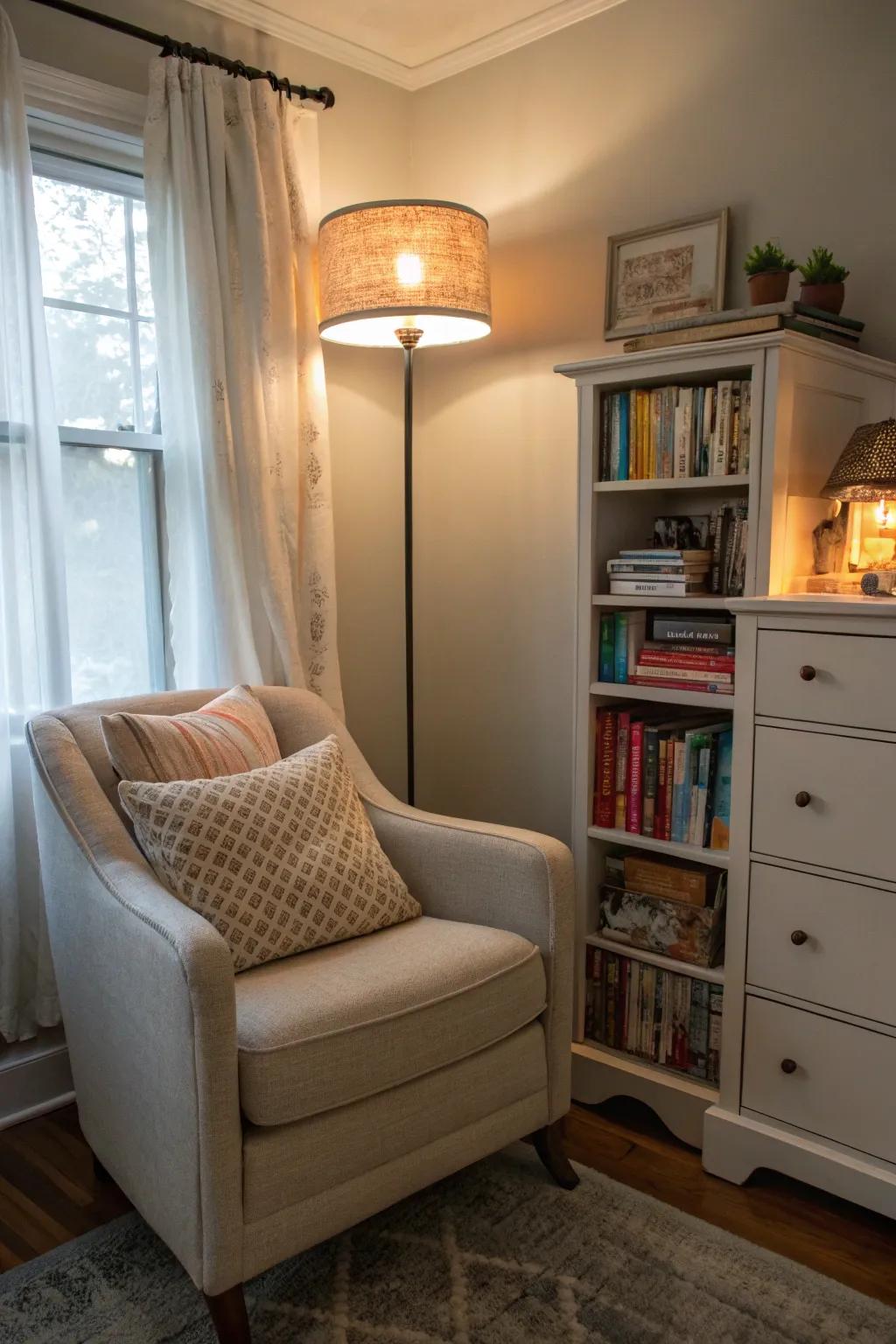 A reading nook offers a snug escape for book enthusiasts.