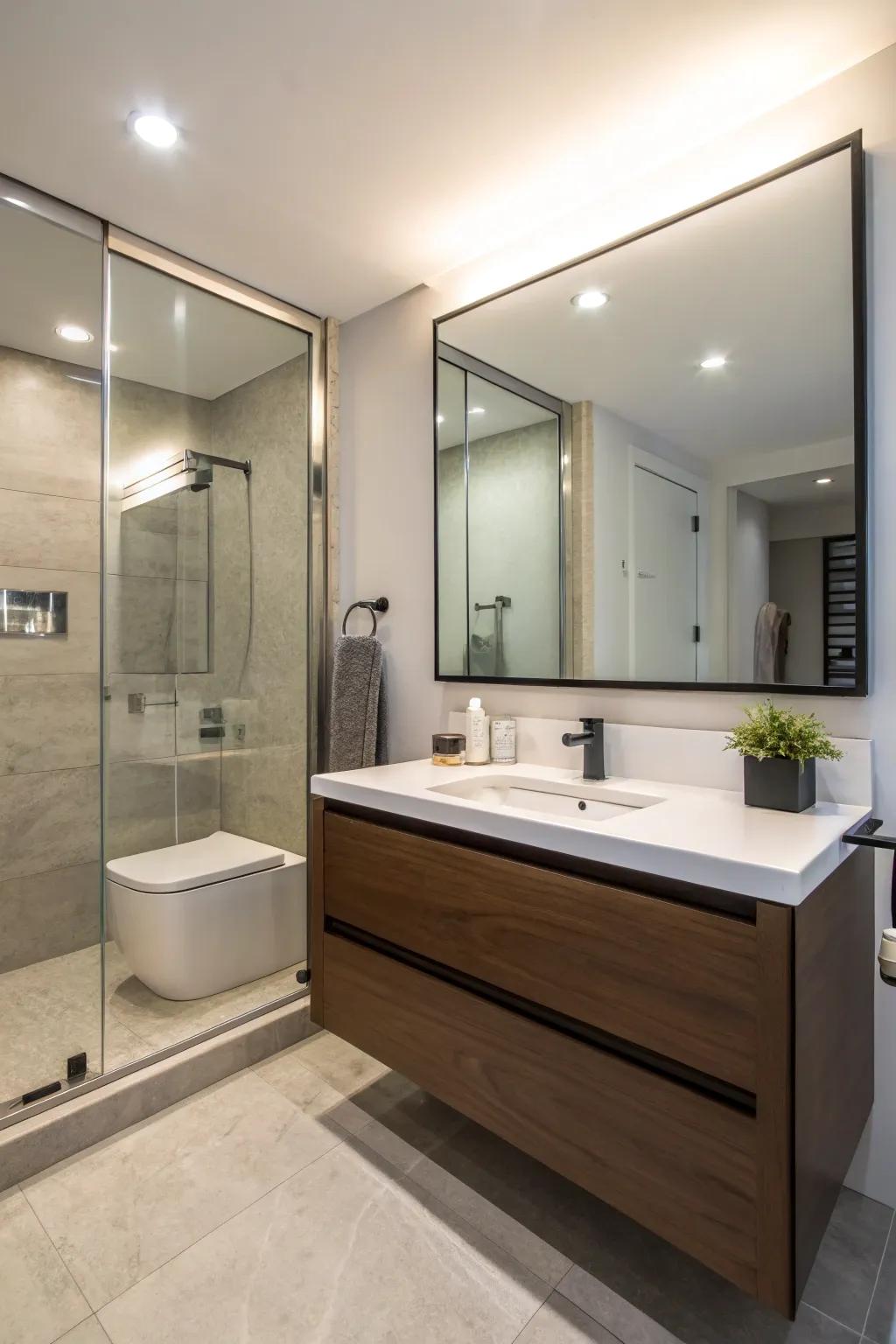 Floating fixtures enhance the spacious feel of this half bath.