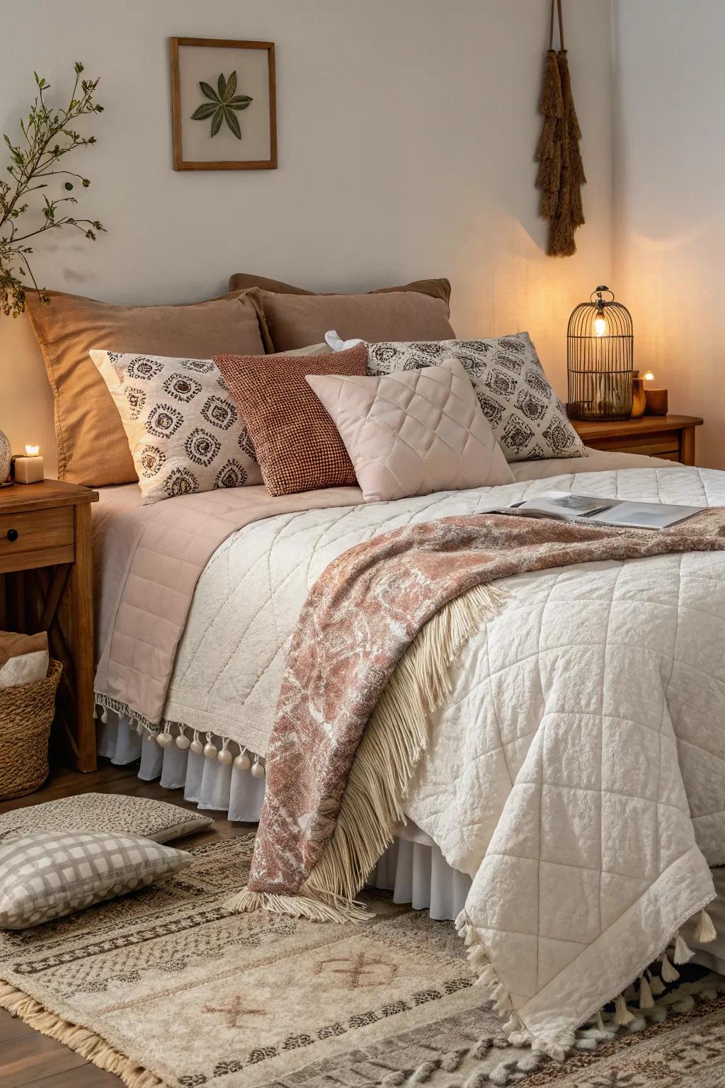 Layered bedding featuring plush textures injects warmth and luxury.