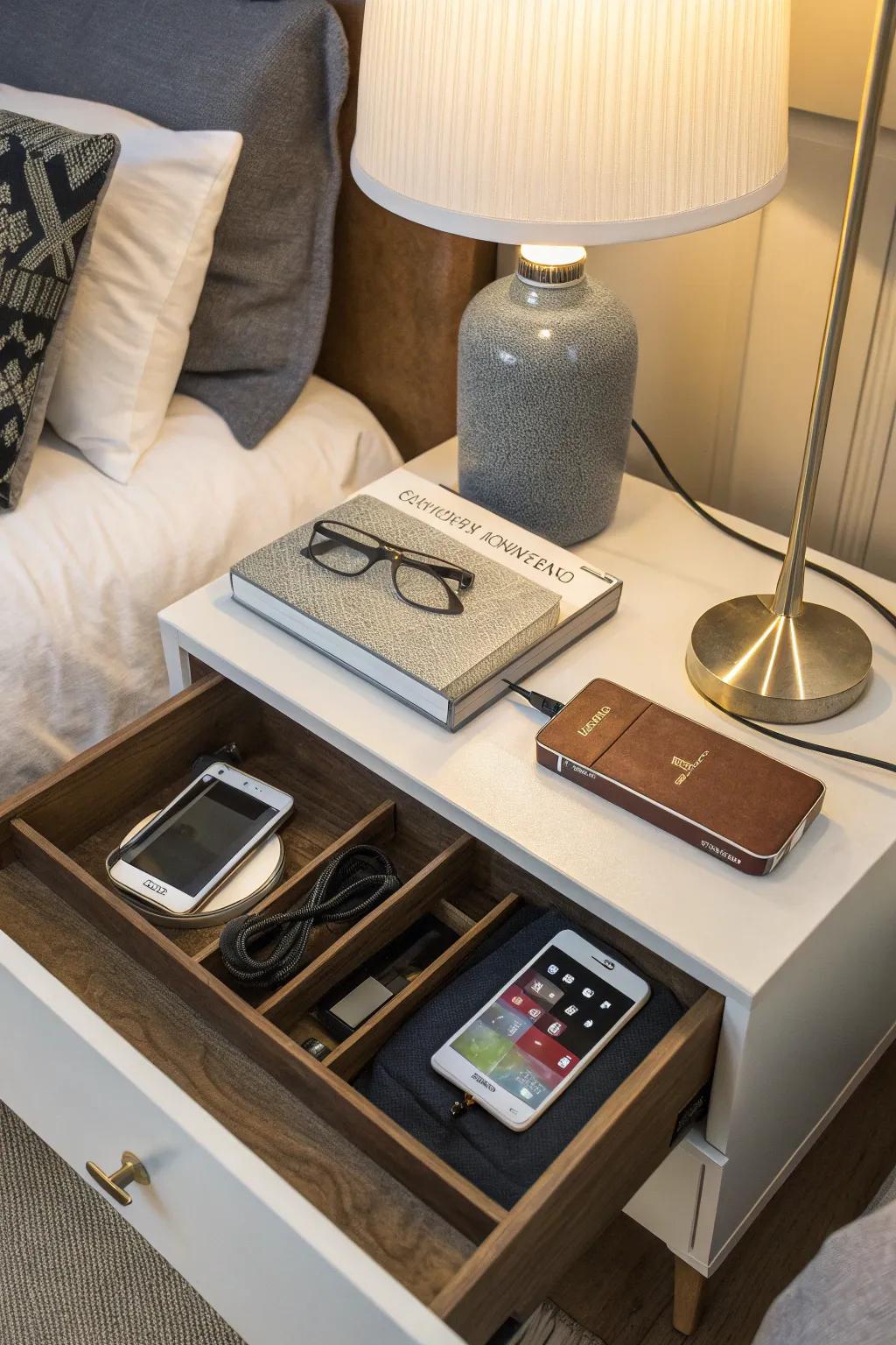 Tech-friendly features help to keep gadgets organized and accessible.