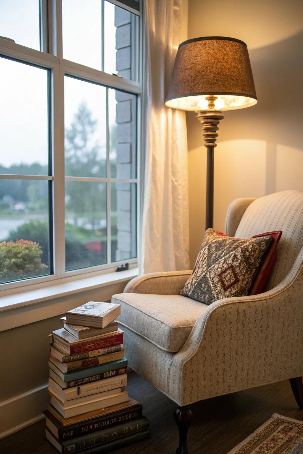 A reading corner offers a serene spot for relaxation.