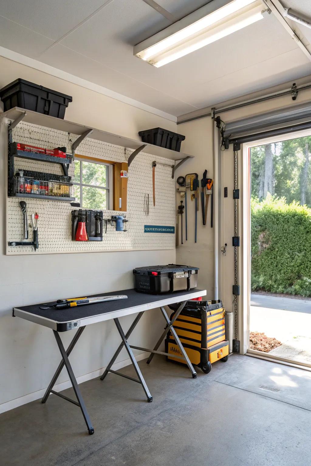 A folding workbench provides versatility and conserves space.