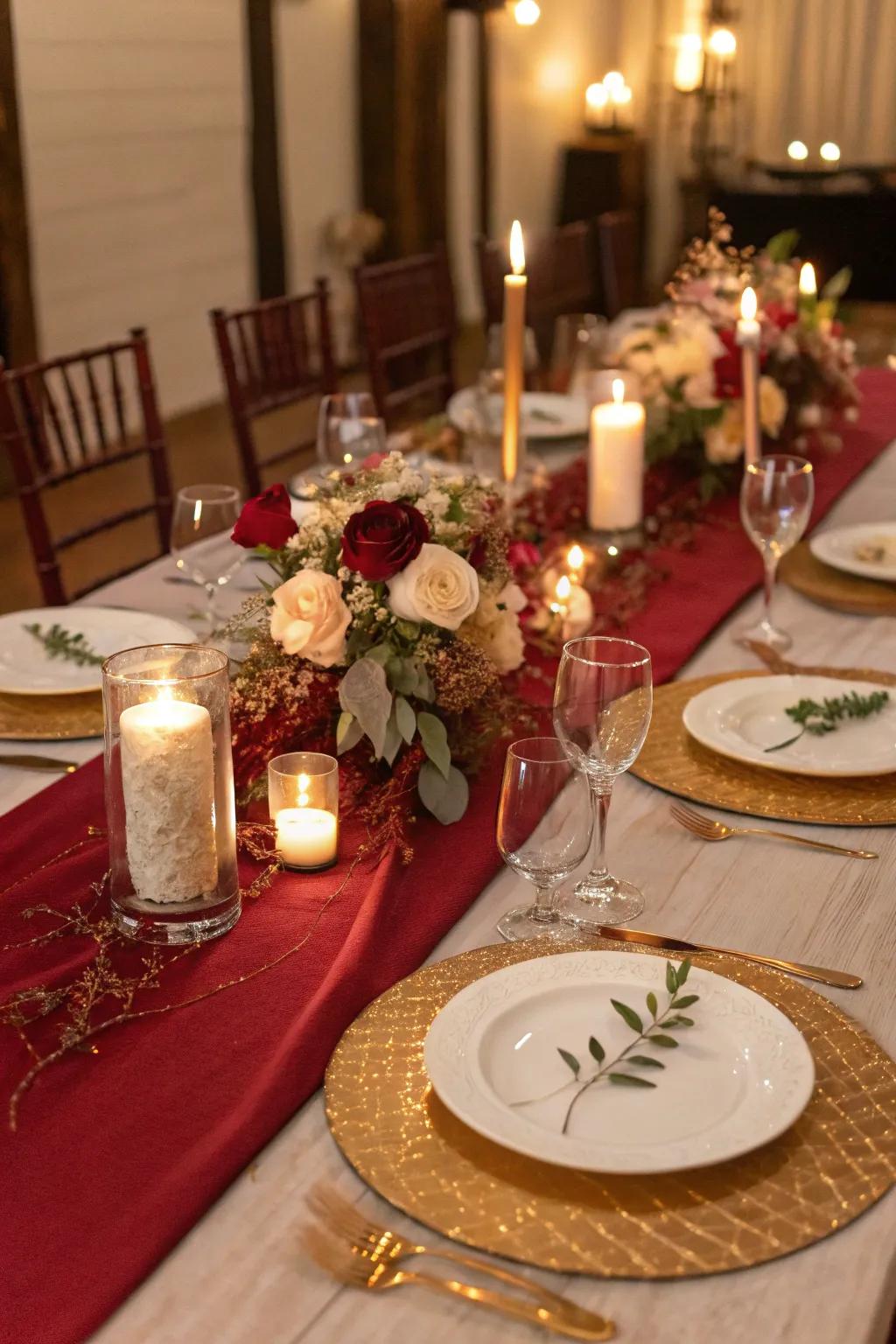 A bespoke carmine table overlay adds a sense of elegance to the event.