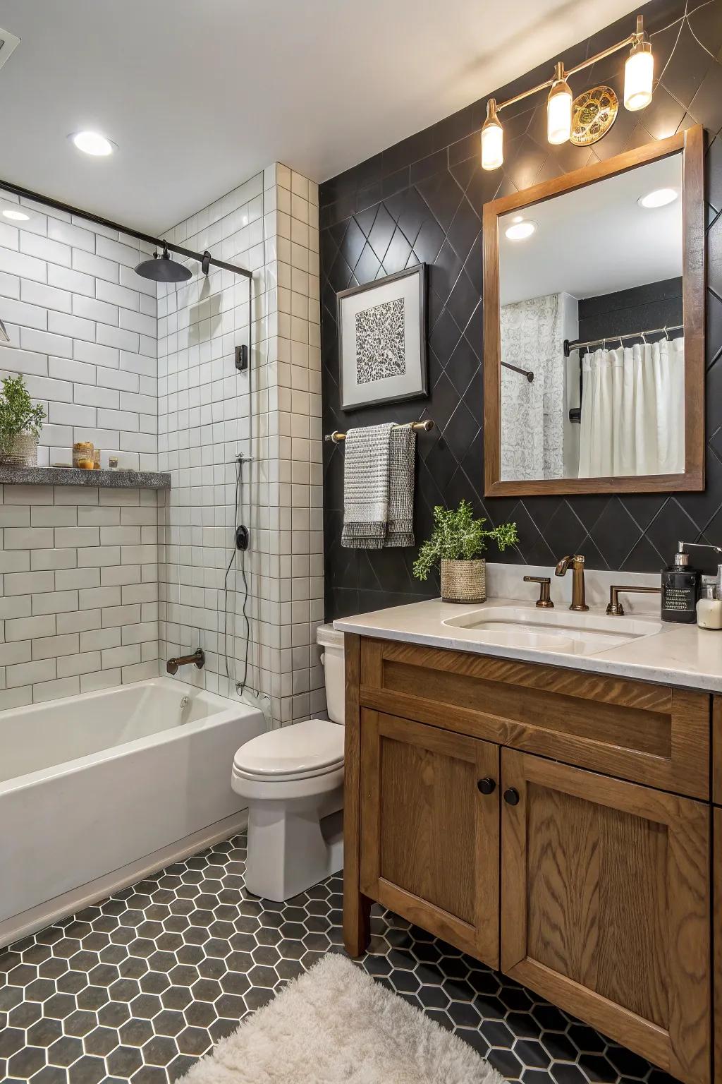 Texture variation imparts sophistication alongside grandeur upon a constricted lavatory.