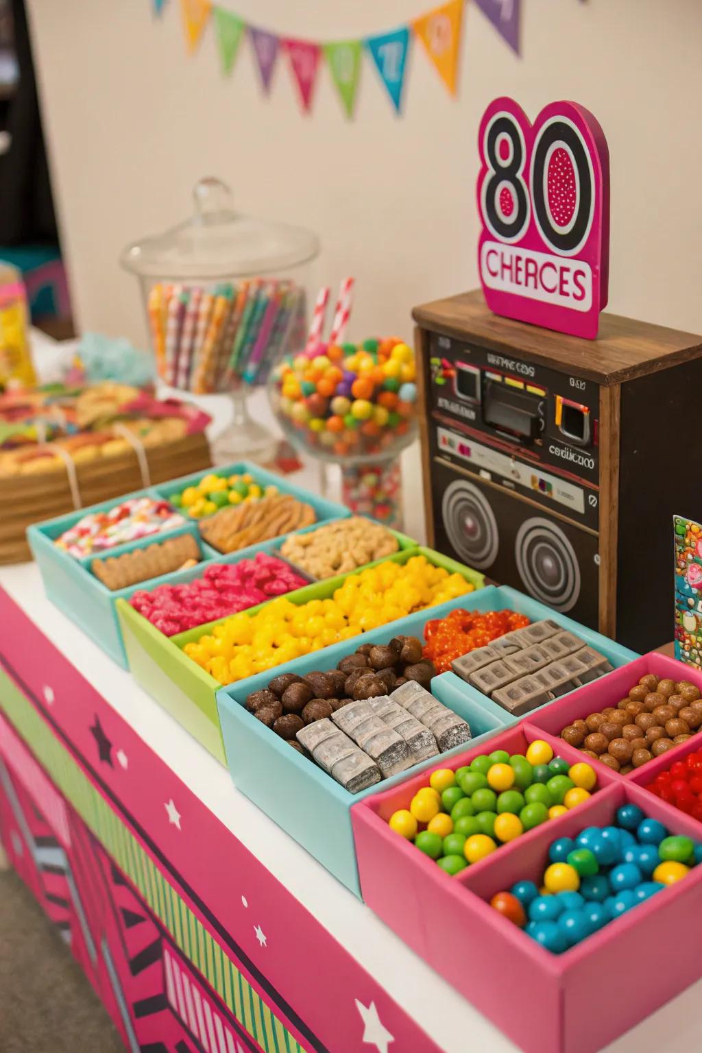 An 80s snack bar presents nostalgic treats for your guests.