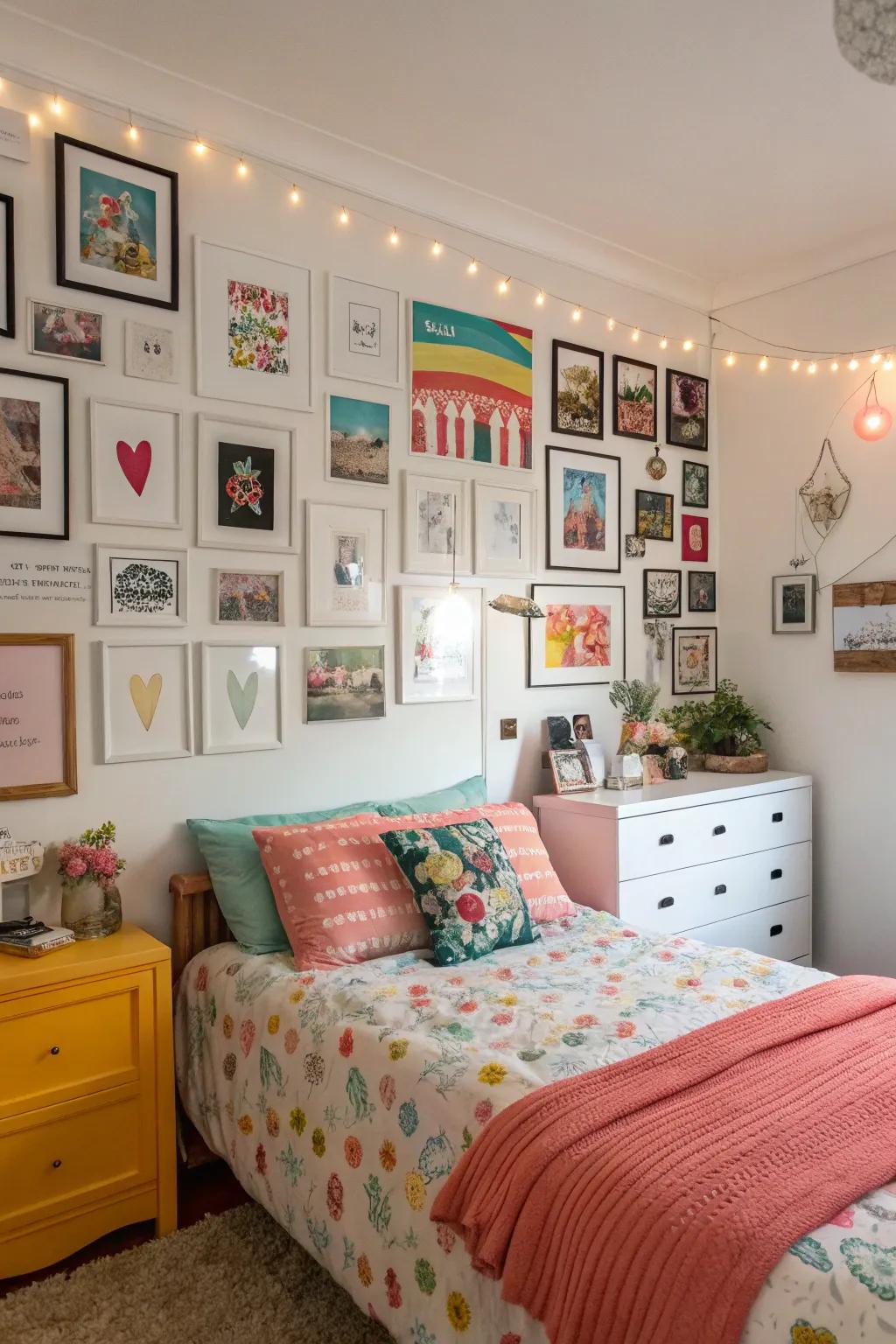 A gallery wall of memories adds a personal touch and celebrates her journey.