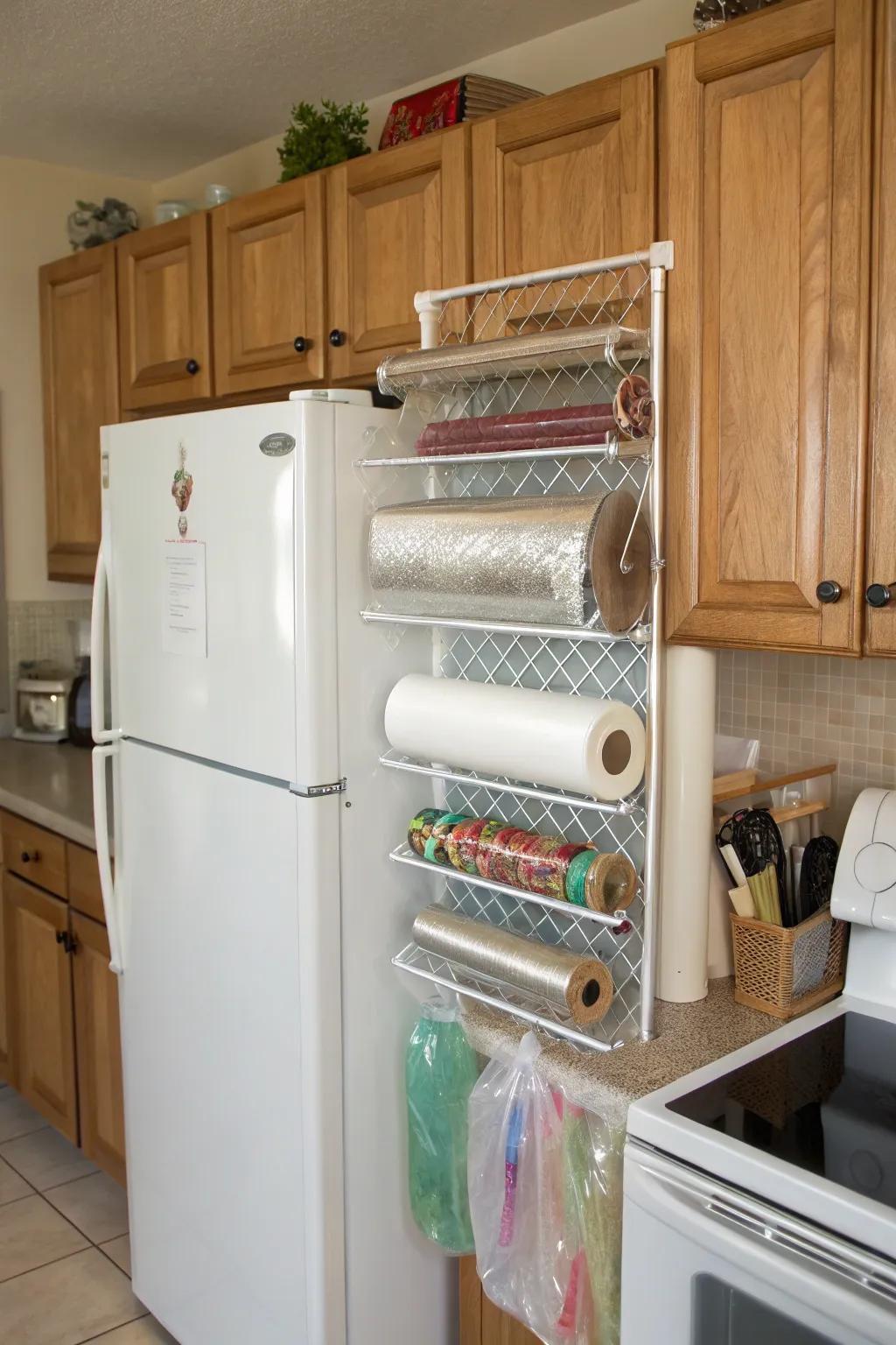 Hanging racks keep kitchen wraps arranged and accessible.