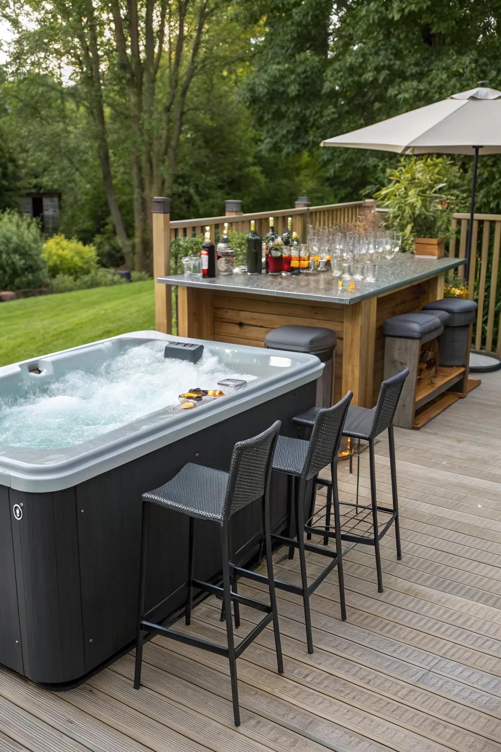 An outdoor bar infuses convenience and amusement to your hydro-therapy tub experience.