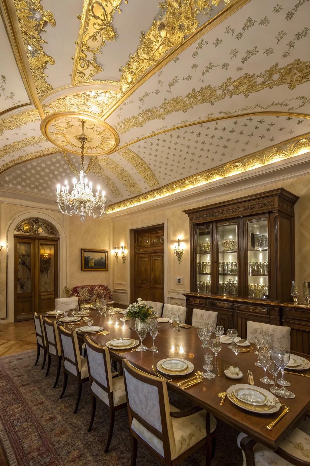 Gold foil features insert a hint of glamour to this dining room ceiling.