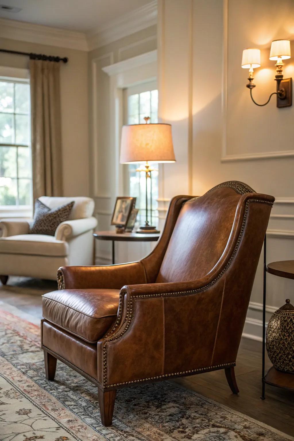 A leather chair offers timeless sophistication and character.
