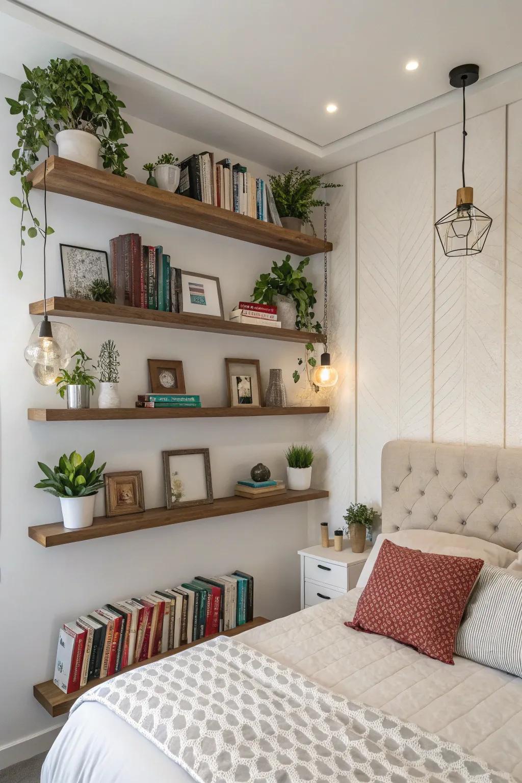 Floating shelves on the feature wall deliver style and practical storage.