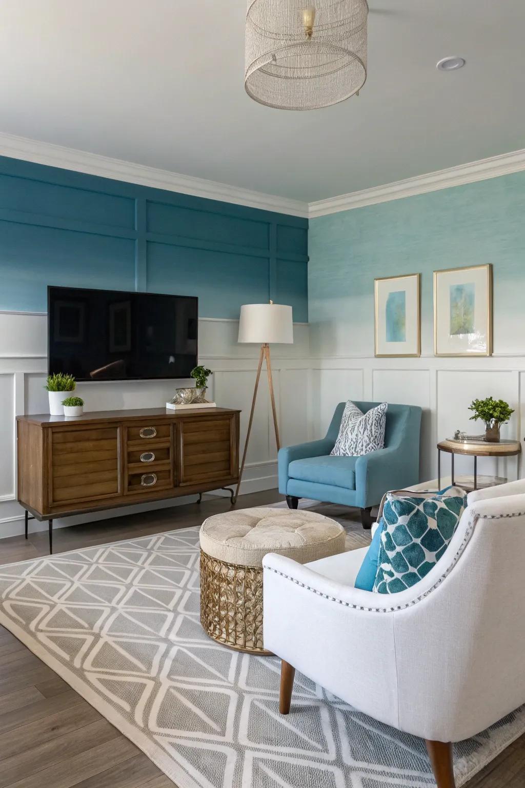 A family room featuring a gradient color block feature wall.