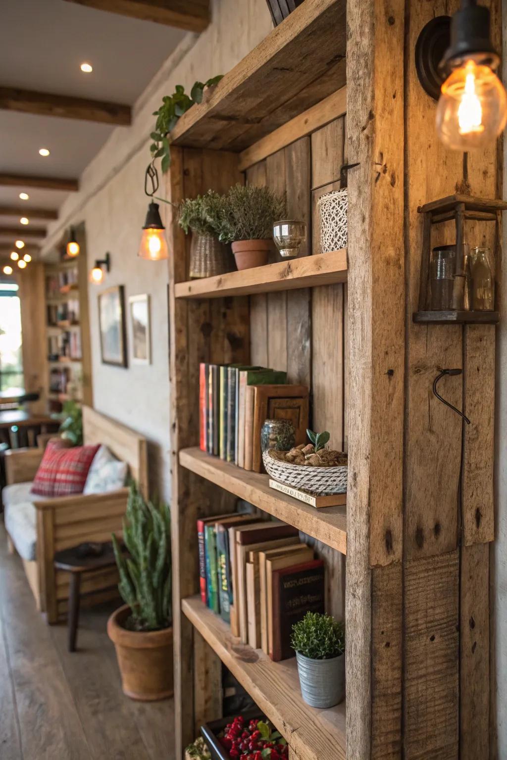 Incorporate country charm through utilizing reclaimed timber shelves.