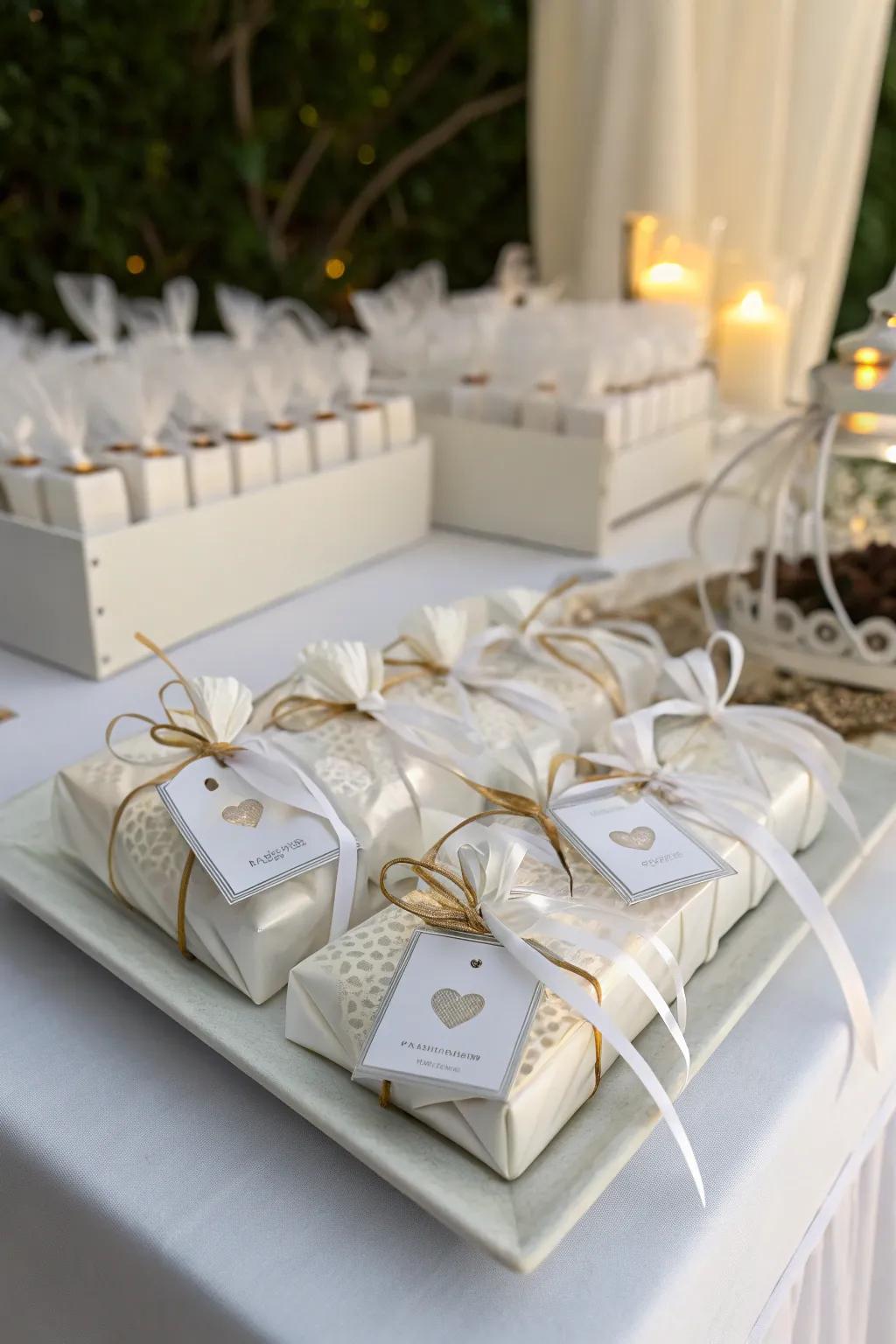 White-themed thank-you gifts offer a heartfelt farewell to guests.
