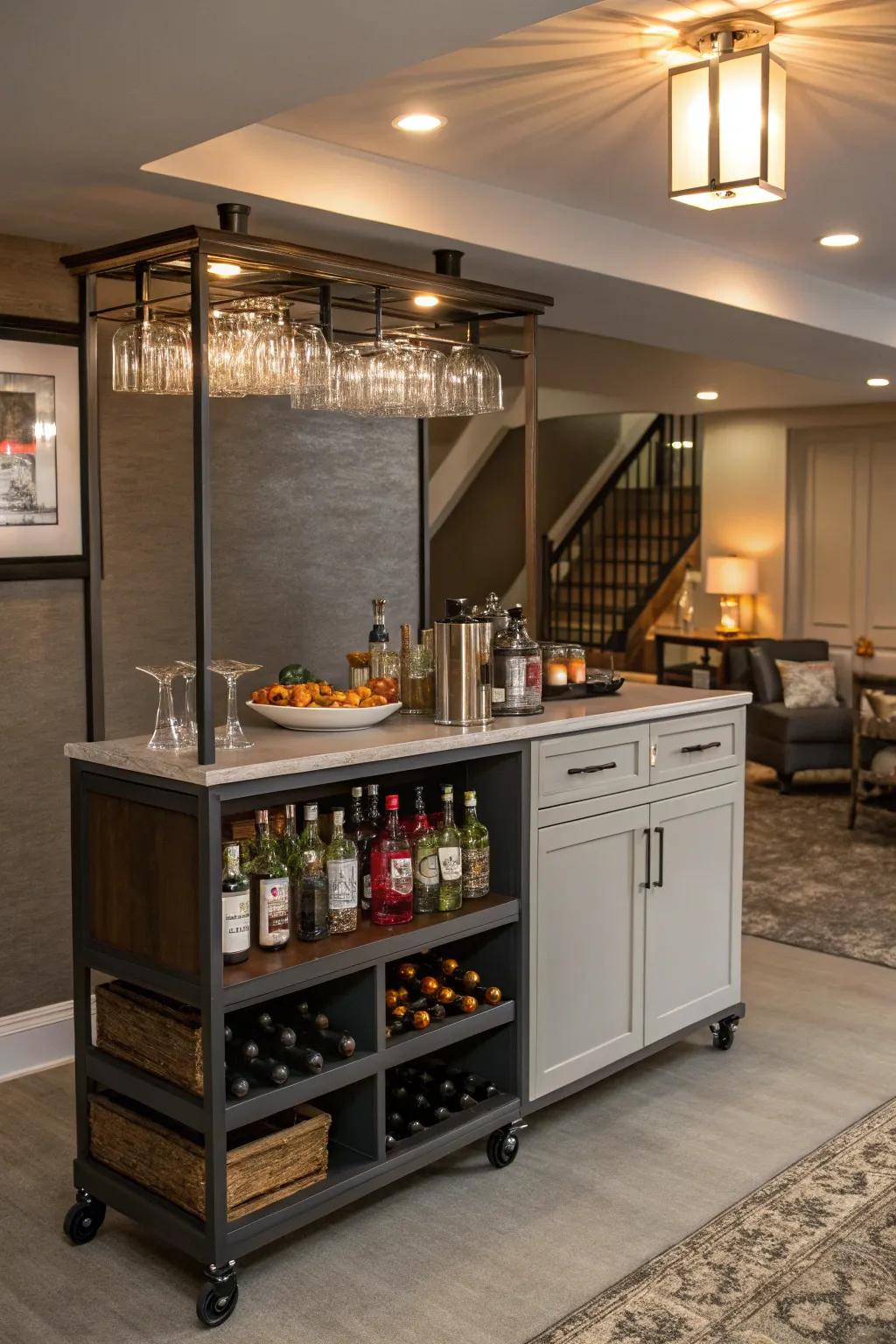 This bar gains versatility with a mobile drinks cart.