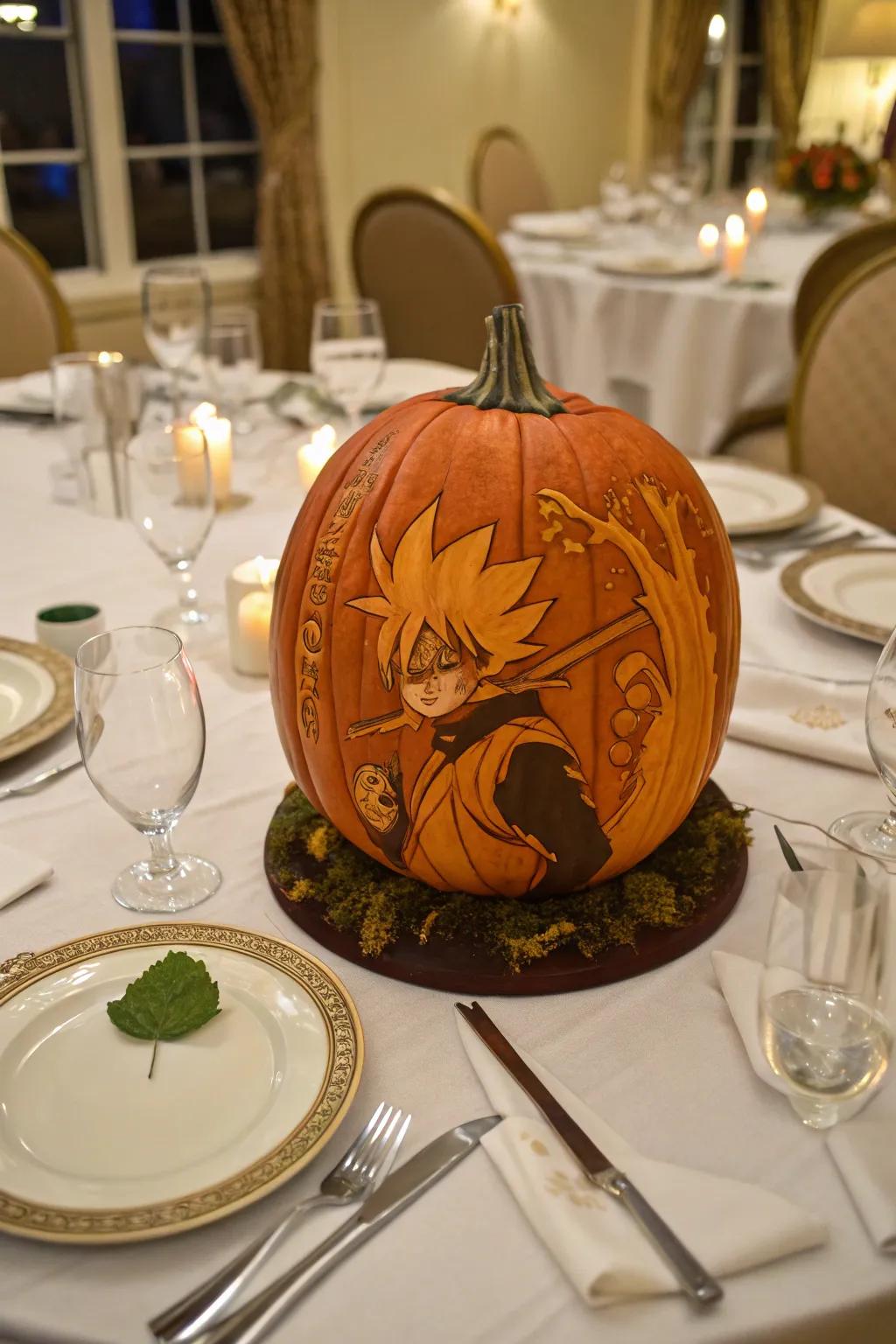 Narrate a story with an anime adventure scene sculpted on pumpkins.