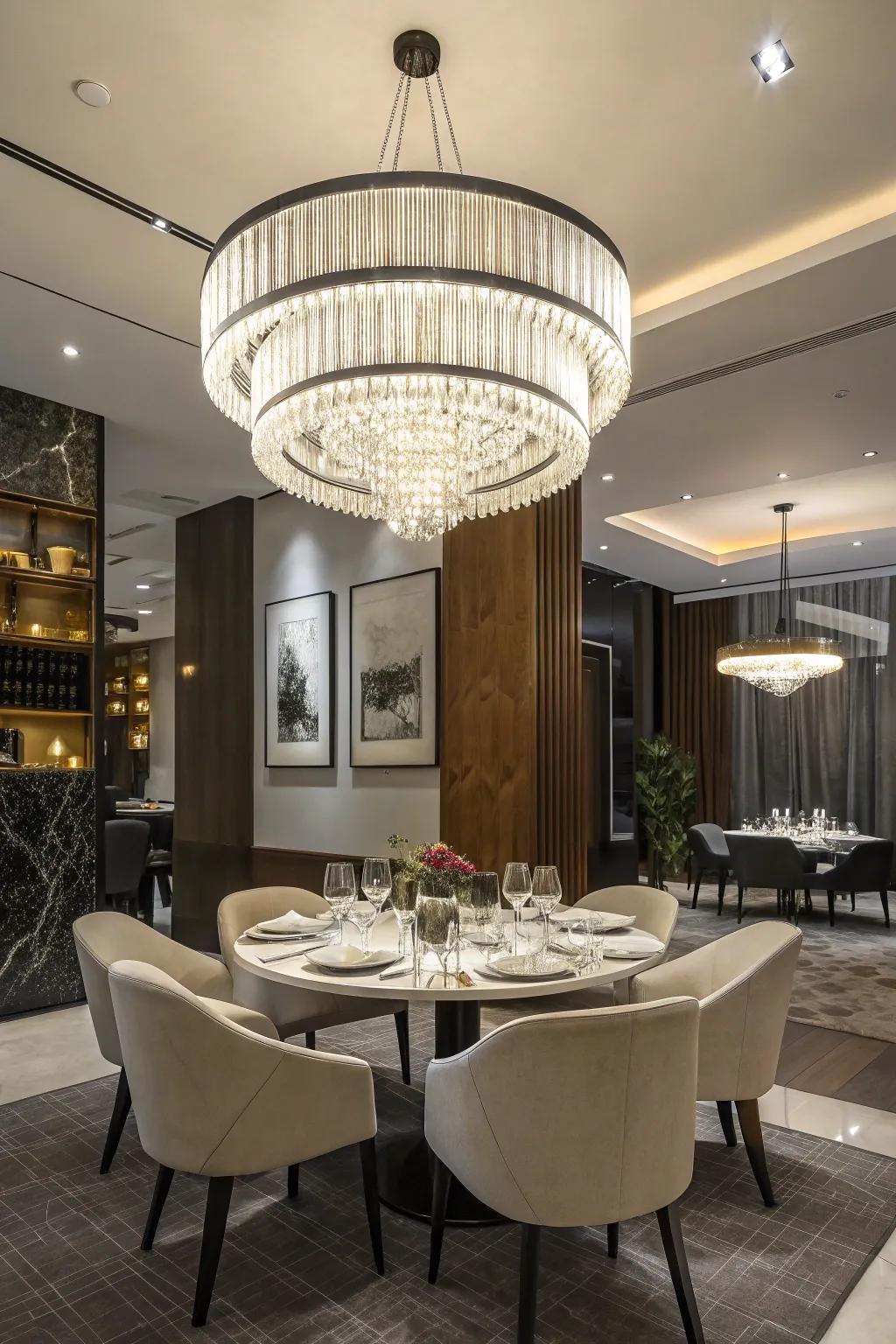 A dining area highlighted by a bold modern chandelier.