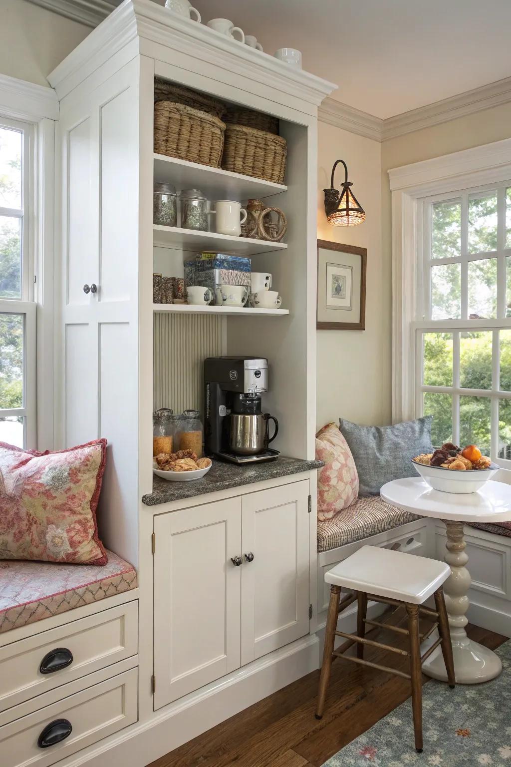 A breakfast nook in a cabinet combines ease with a cozy morning setup.