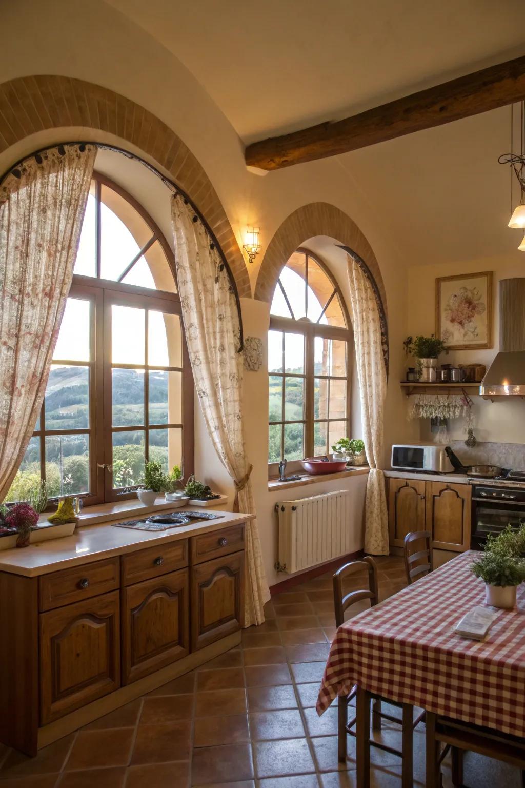Inviting kitchen featuring lower-half curtain styling on arched windows.