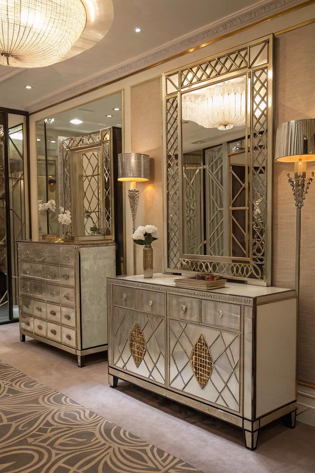 Mirrored furniture enhancing space and light.