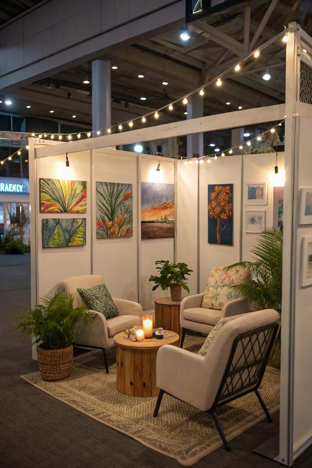 A welcoming seating zone within the art display.