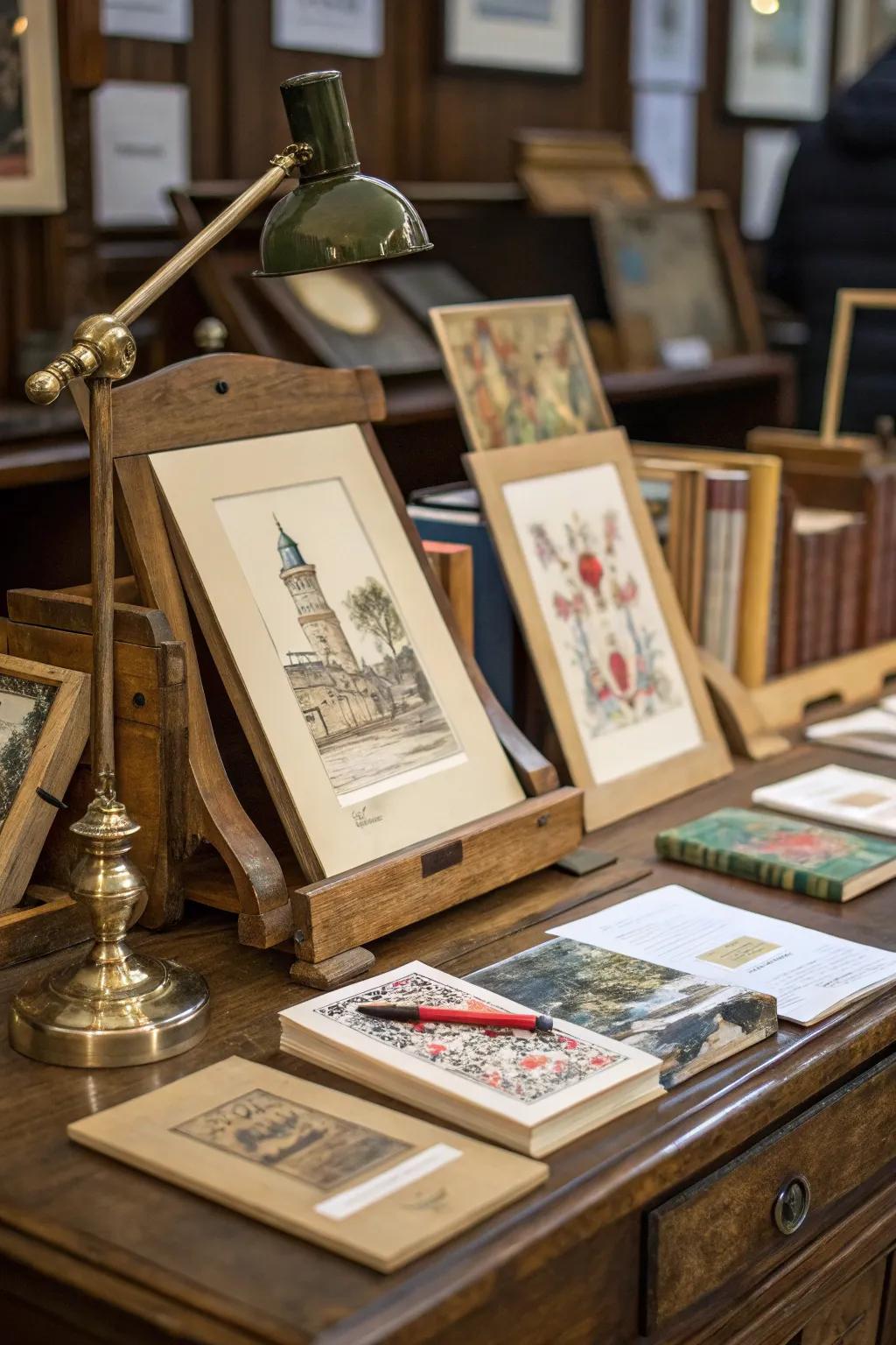 Art prints exquisitely presented upon wood stands.