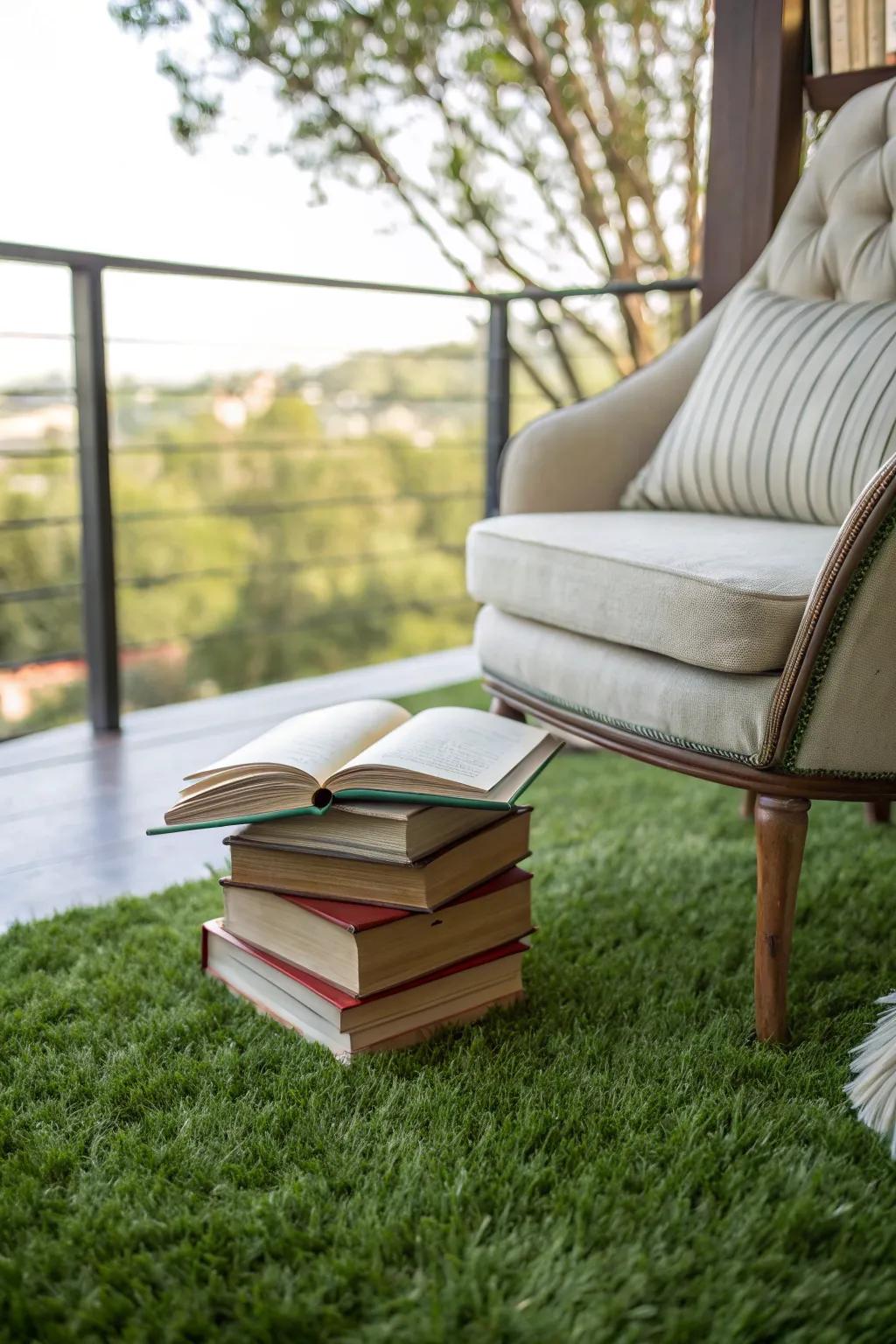 A peaceful reading space on rich synthetic turf.