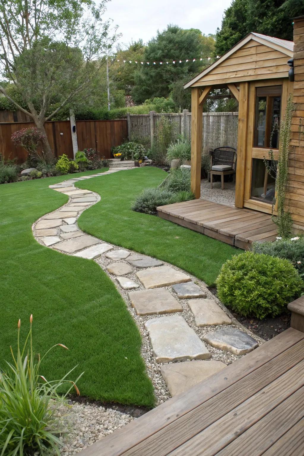A modern garden mixing hardscaping with synthetic grass.