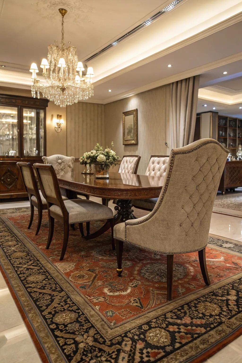 Eastern ground coverings introduce deepness and imaginative flair to the dining location.