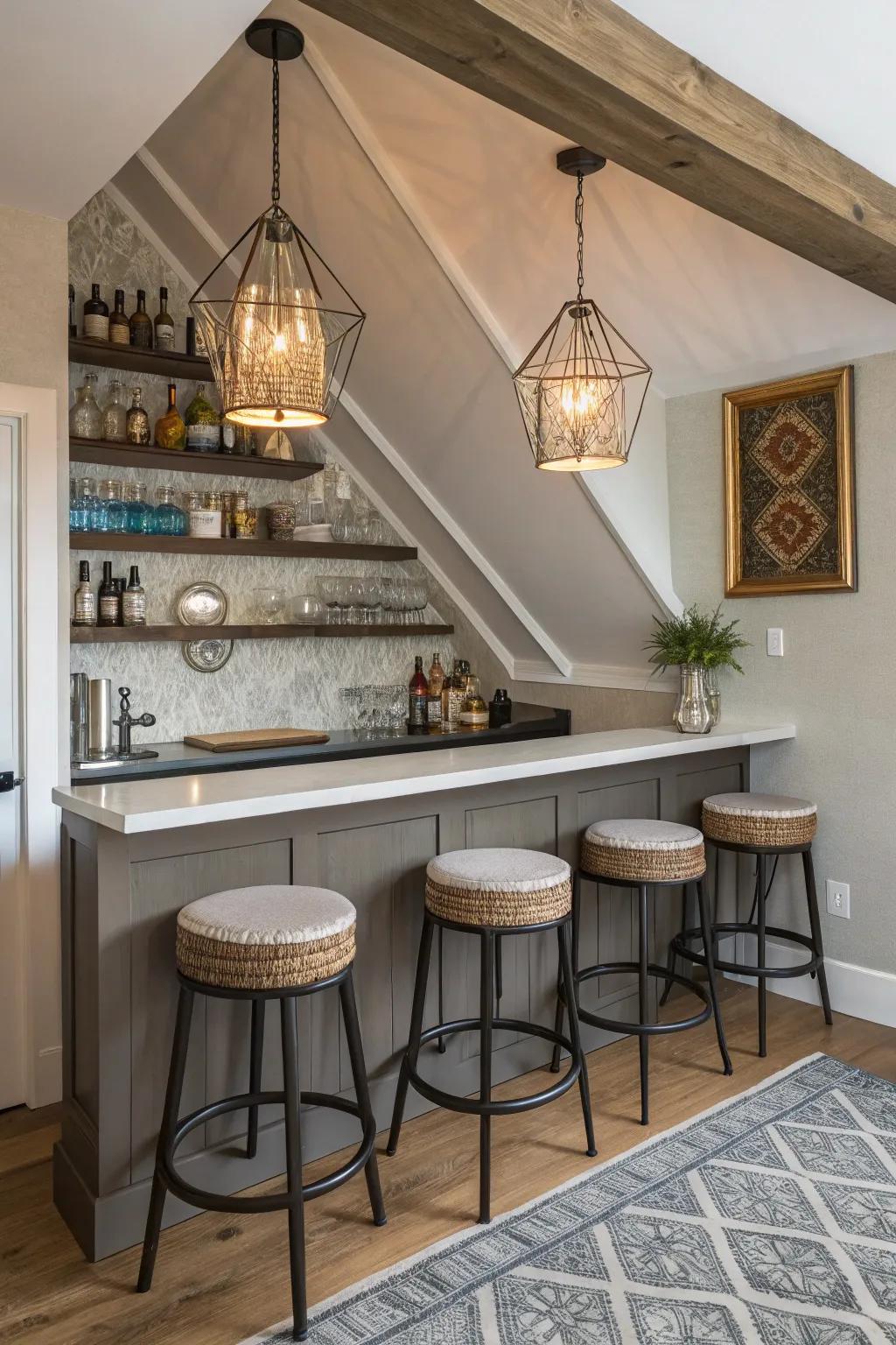 An attic bar intended for private gatherings and relaxation.