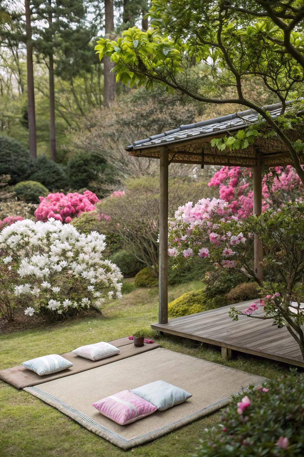 A serene meditation space surrounded by calming azaleas.