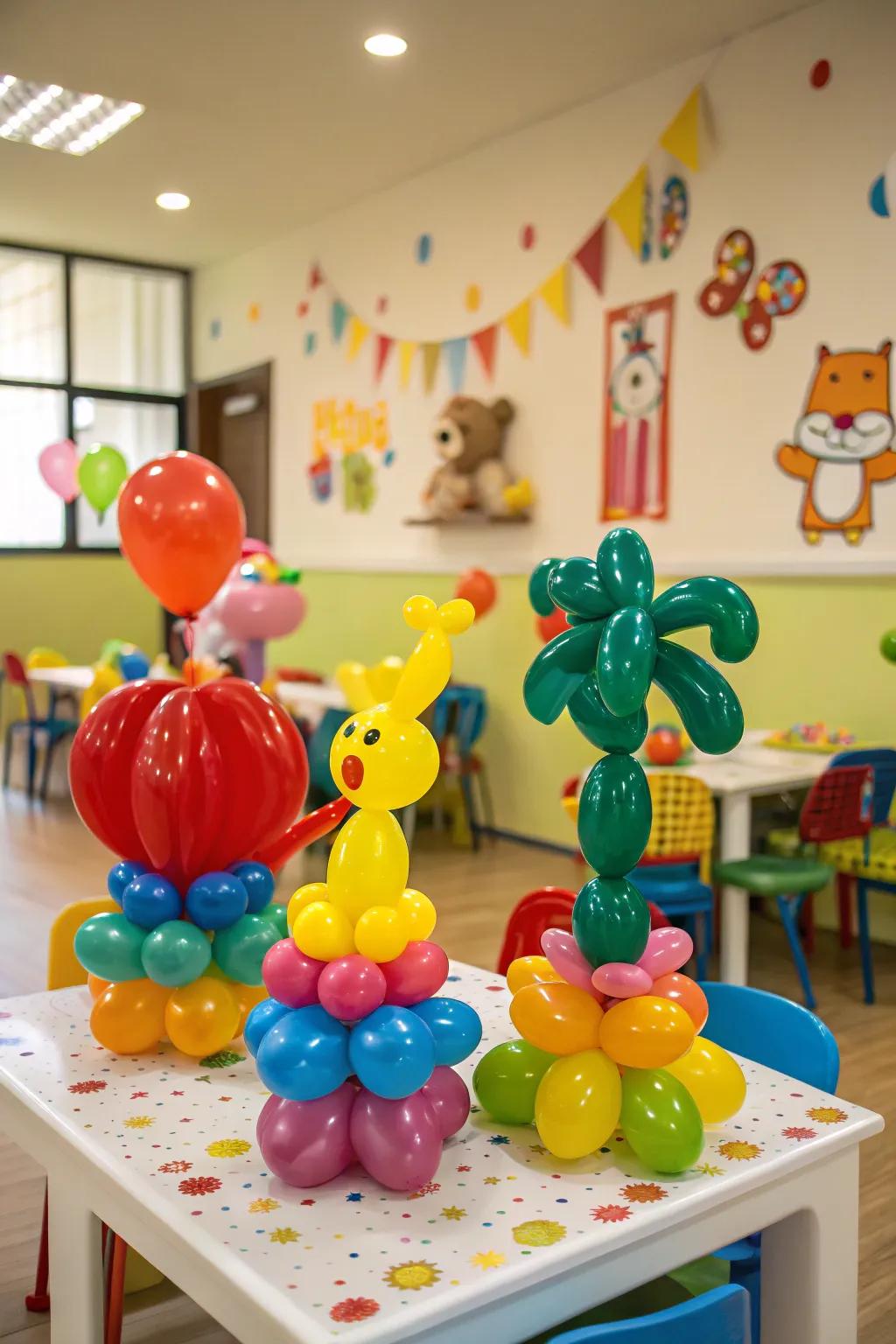 Sculpted balloons add a playful touch to party decor.