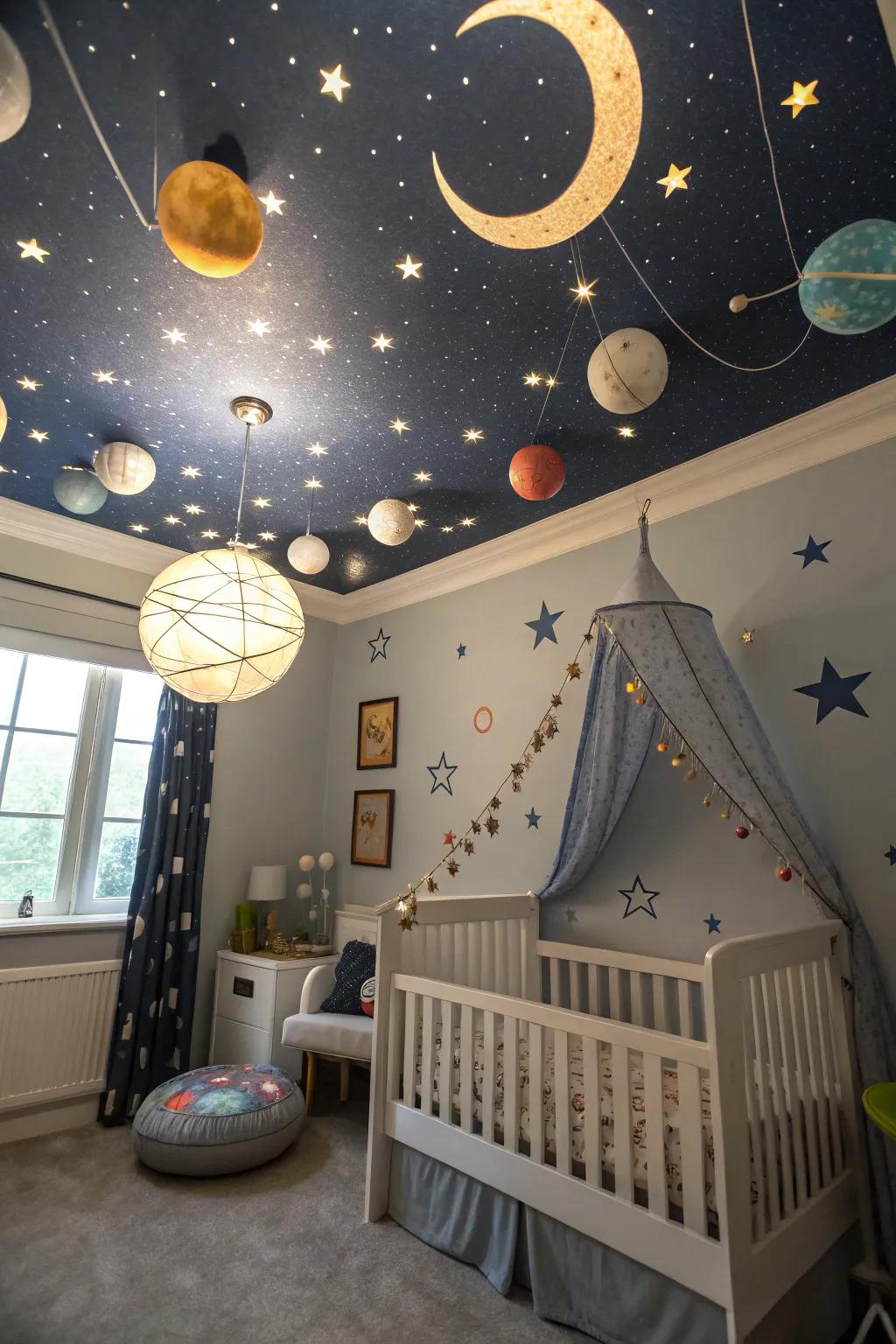 Embark on a cosmic odyssey within a space-themed nursery.