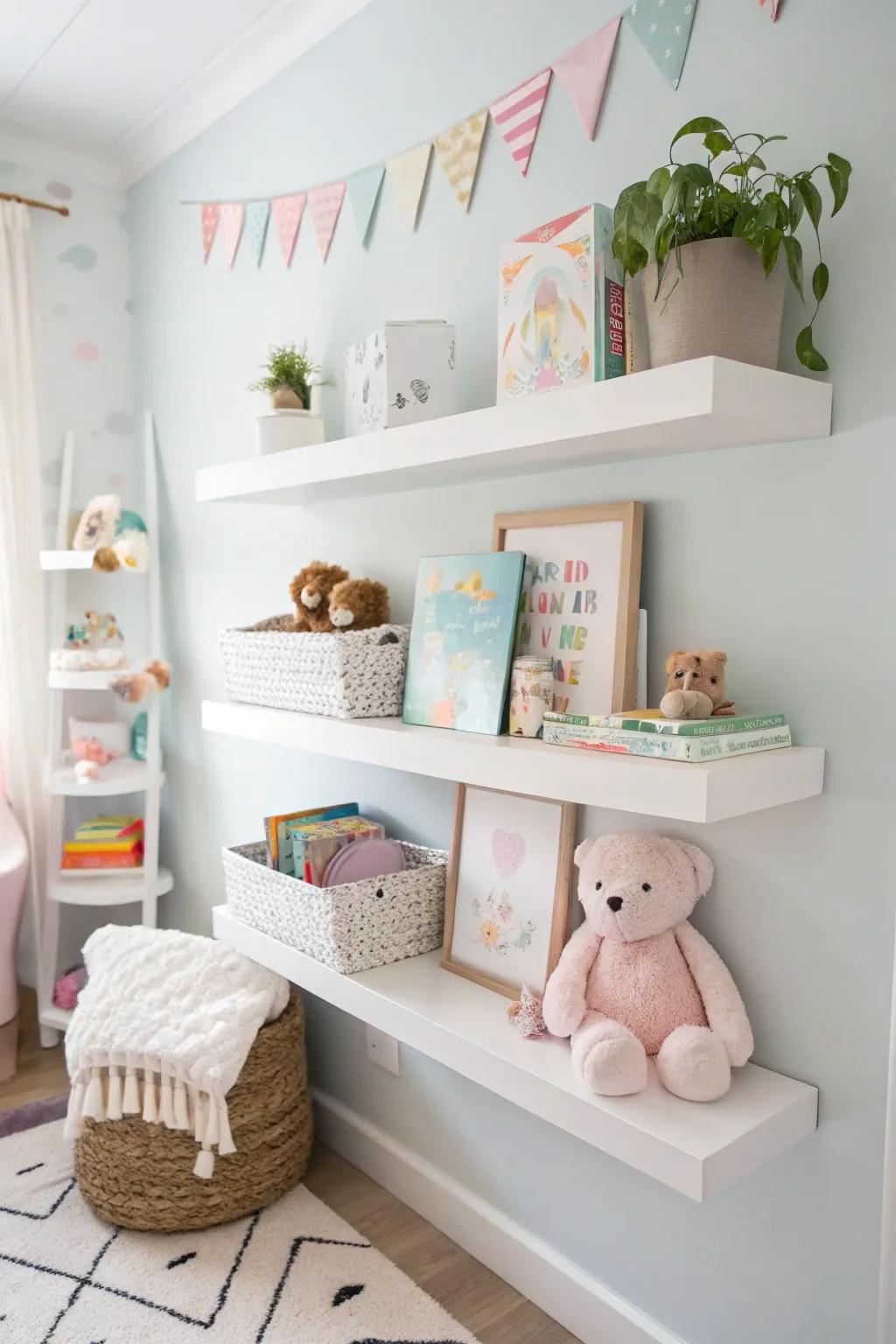 Wall shelves offer stylish storage and display options in a nursery space.