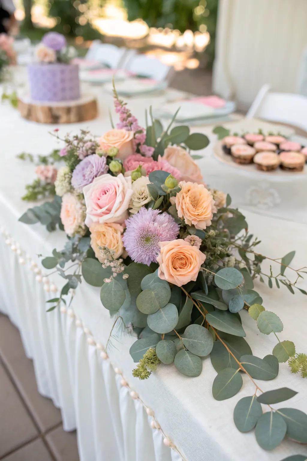 An elegant silver dollar and floral centerpiece