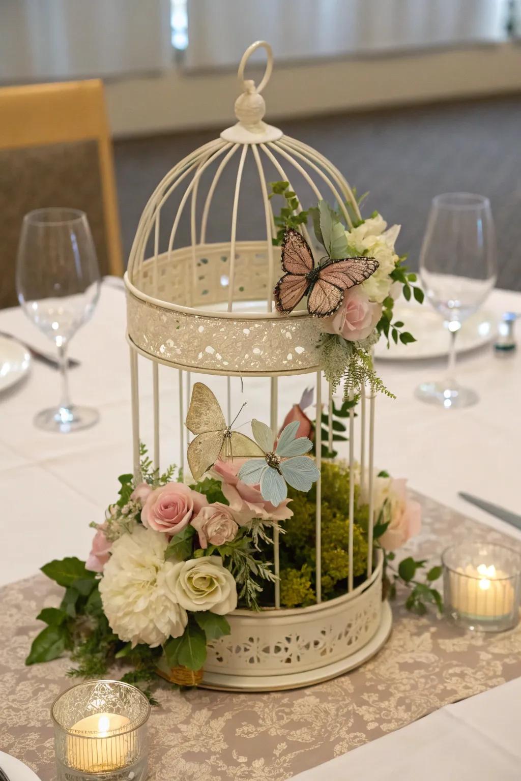 A captivating birdcage centerpiece featuring butterflies and flowers.
