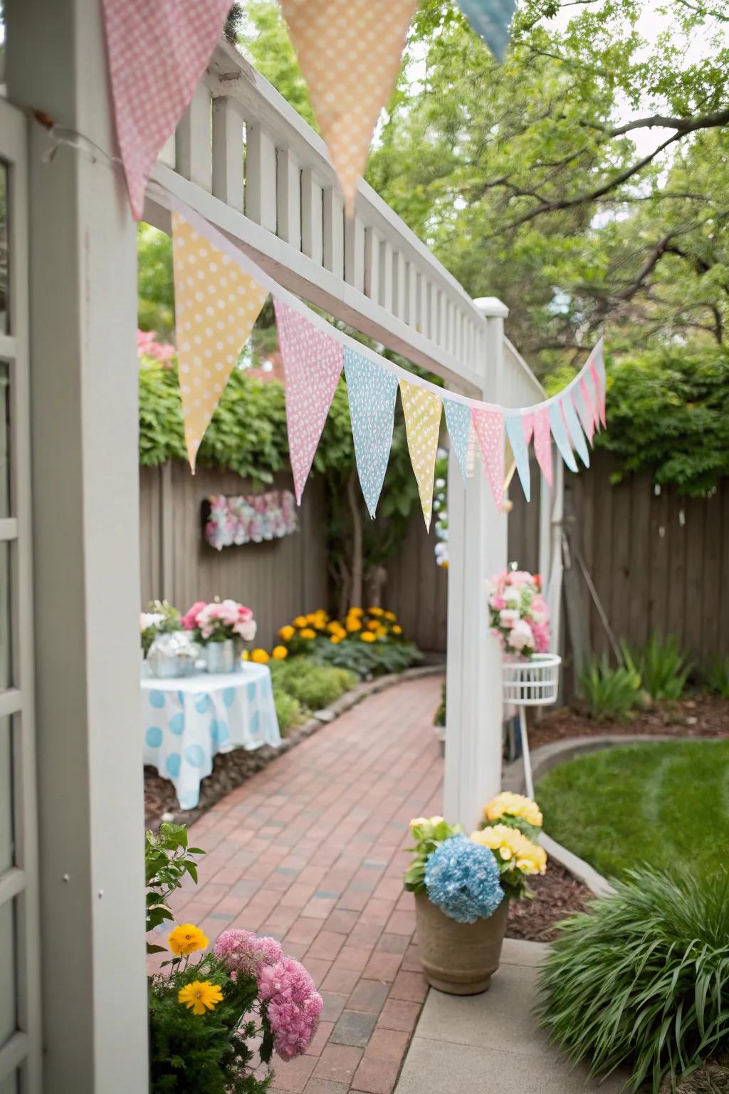 Vibrant streamers infuse a celebratory spirit into the entryway design.