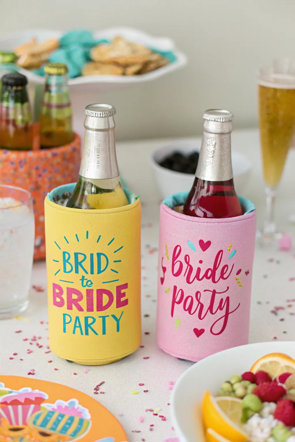 Theme-based drink insulators for party beverages.
